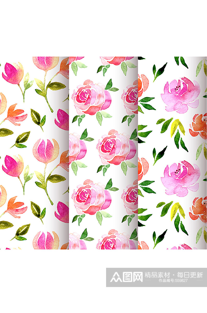 3款水彩绘粉色花卉无缝背景矢量图素材