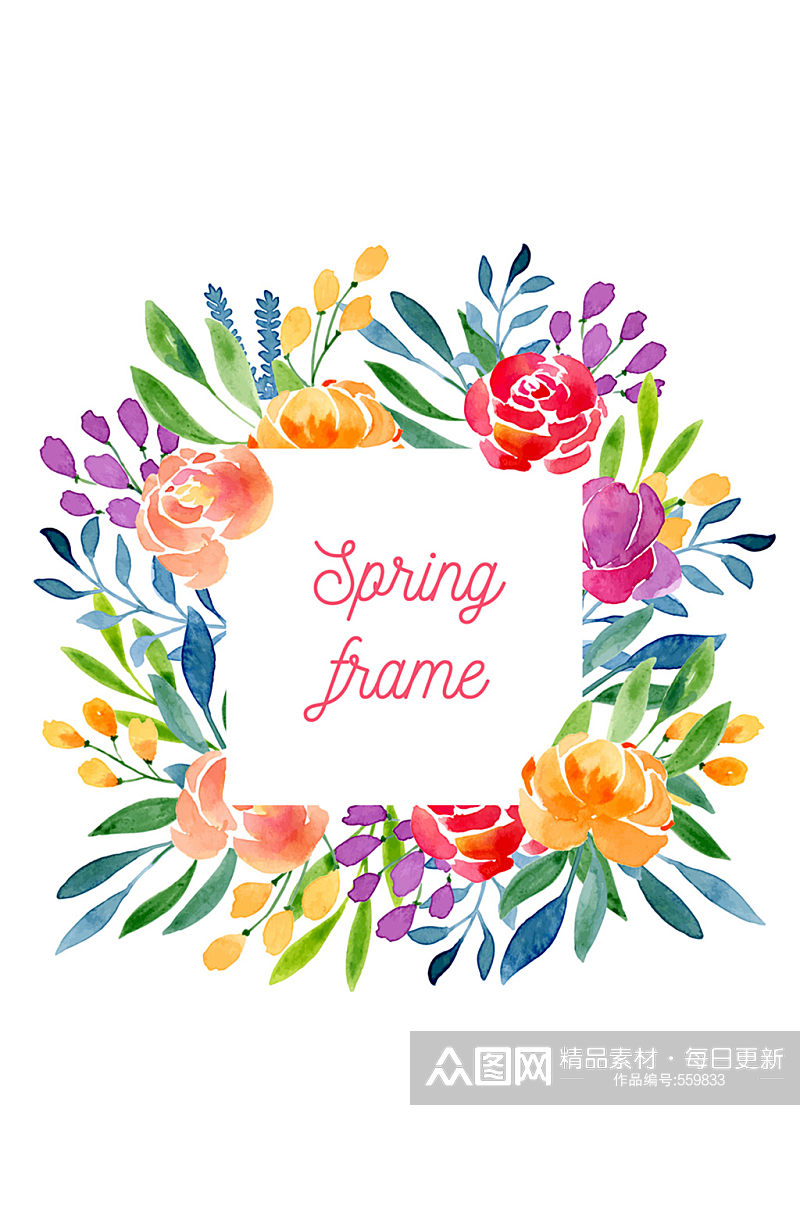 水彩绘春季玫瑰花框架矢量图素材