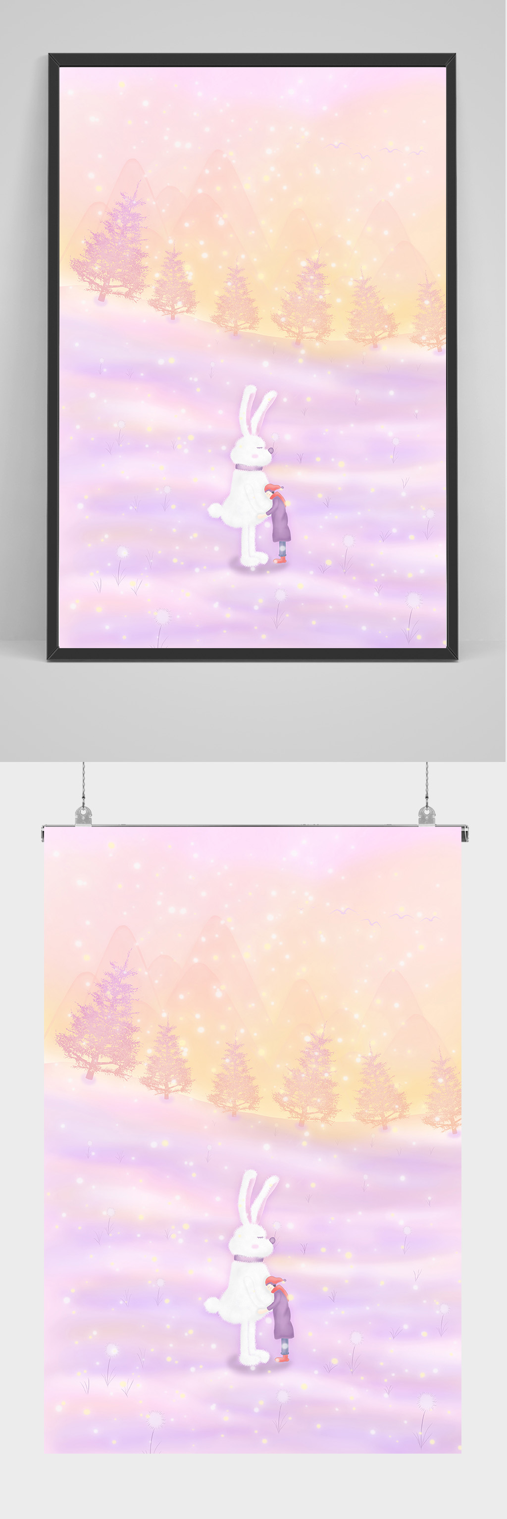 唯美兔子手绘插画设计素材