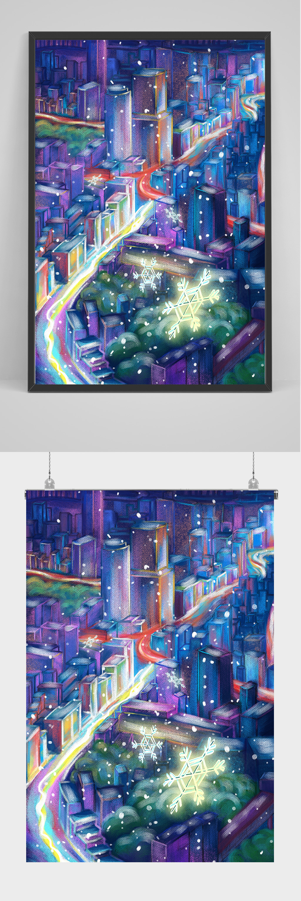 夜幕下的城市手绘插画设计素材