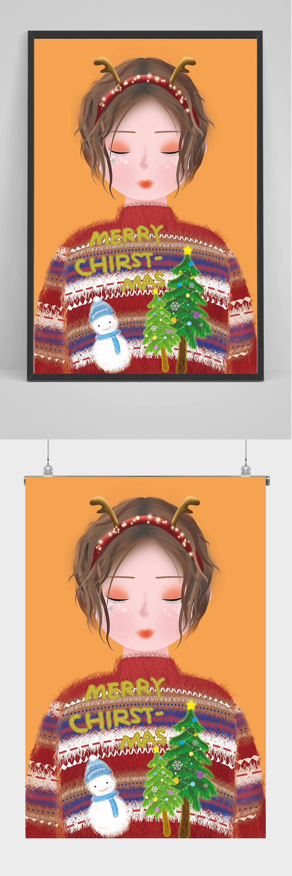 圣诞节女子和雪人插画设计素材