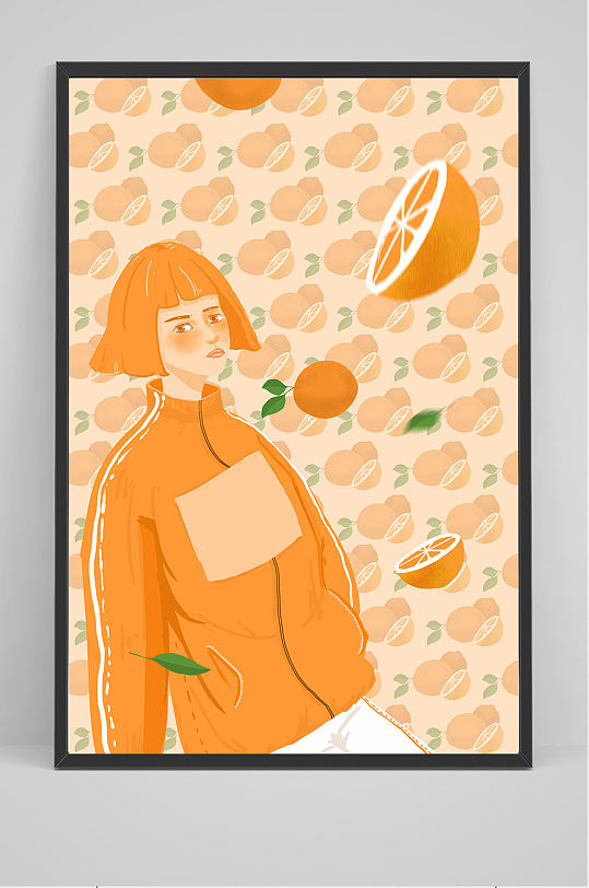 女子吃橘子手绘插画设计
