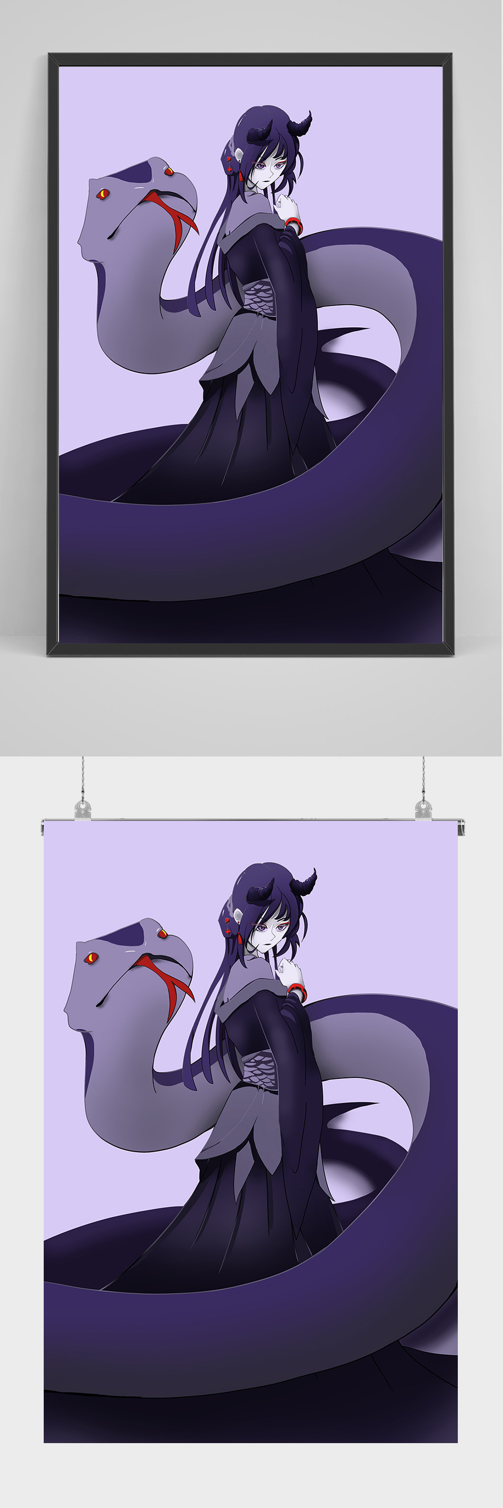女子和长蛇手绘插画设计素材