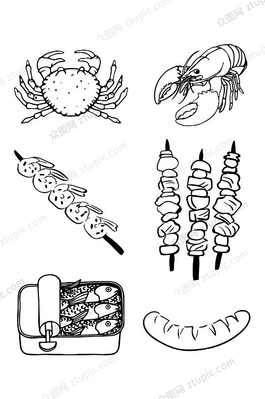 手绘涂鸦食物烧烤海鲜螃蟹龙虾