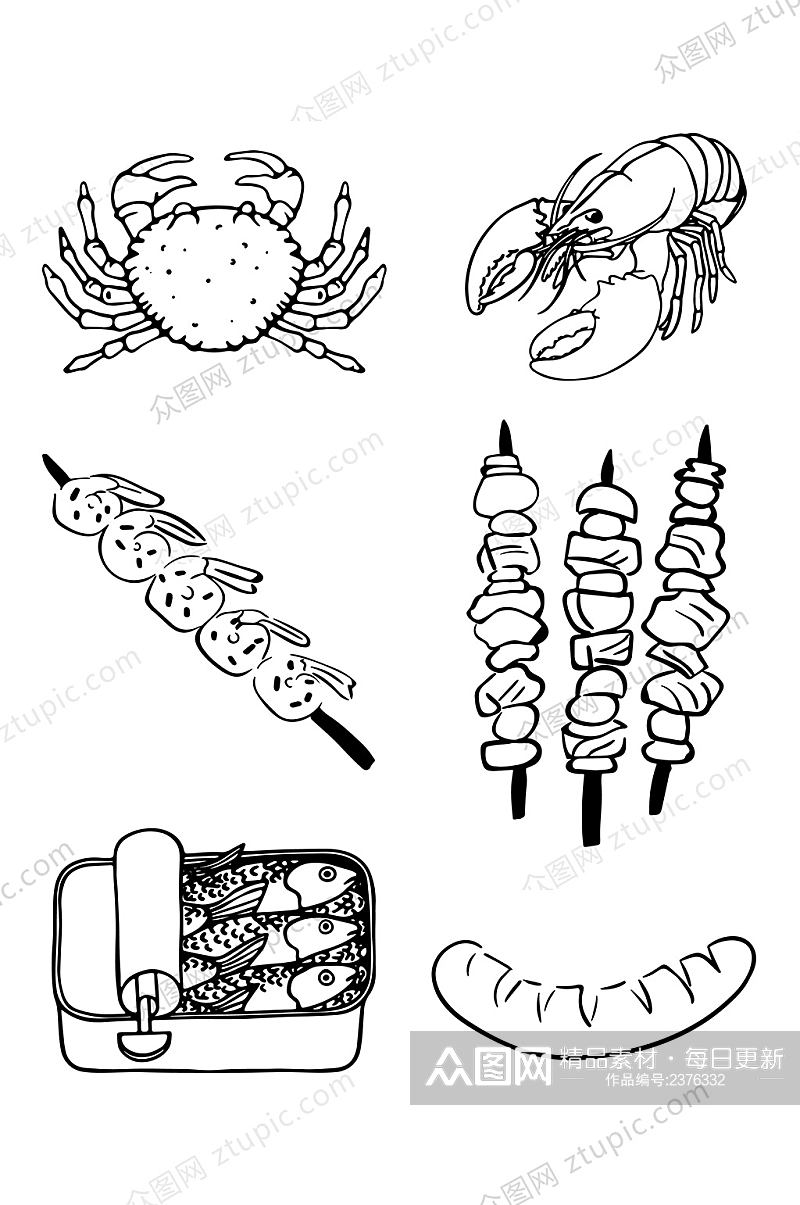手绘涂鸦食物烧烤海鲜螃蟹龙虾素材