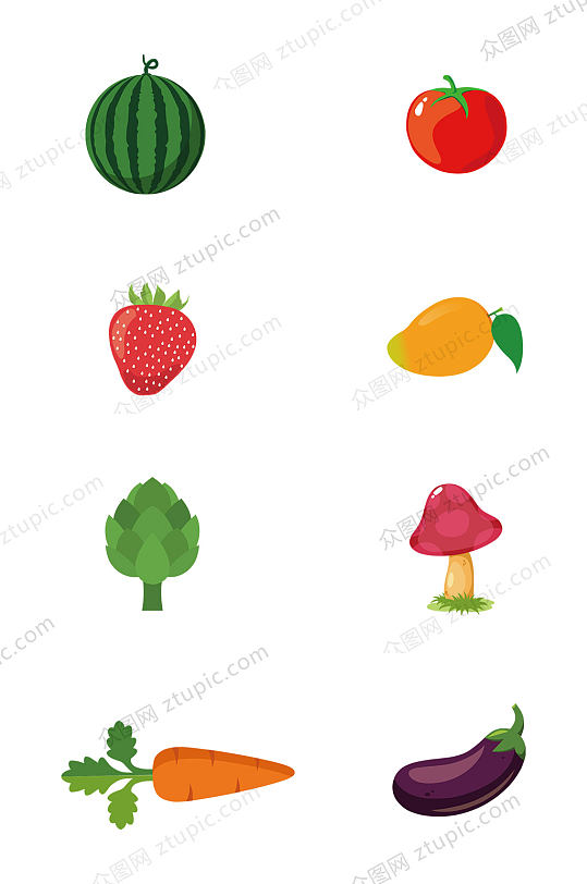 卡通矢量蔬菜水果草莓茄子西瓜萝卜