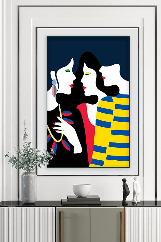 手绘彩色抽象美女装饰画