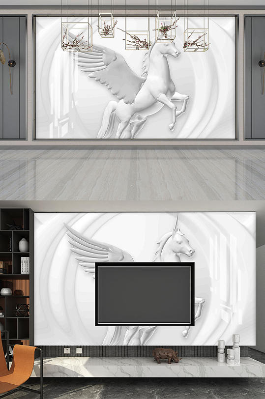 北欧抽象大理石独角兽背景墙-众图网