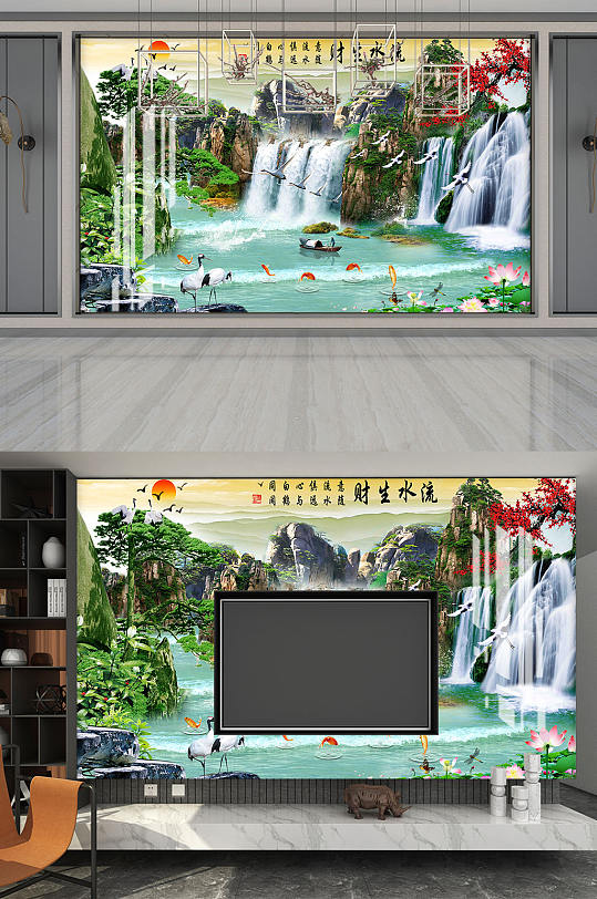 新中式山水背景墙-众图网