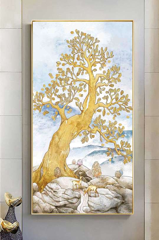 手绘发财树玄关装饰画