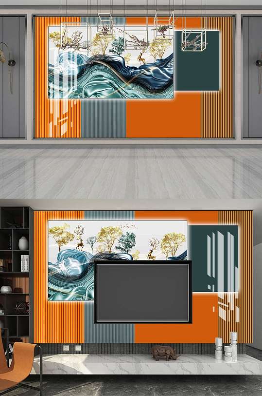 北欧轻奢电视背景墙-众图网