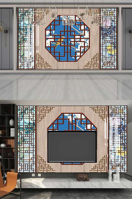 新中式轻奢电视背景墙-众图网