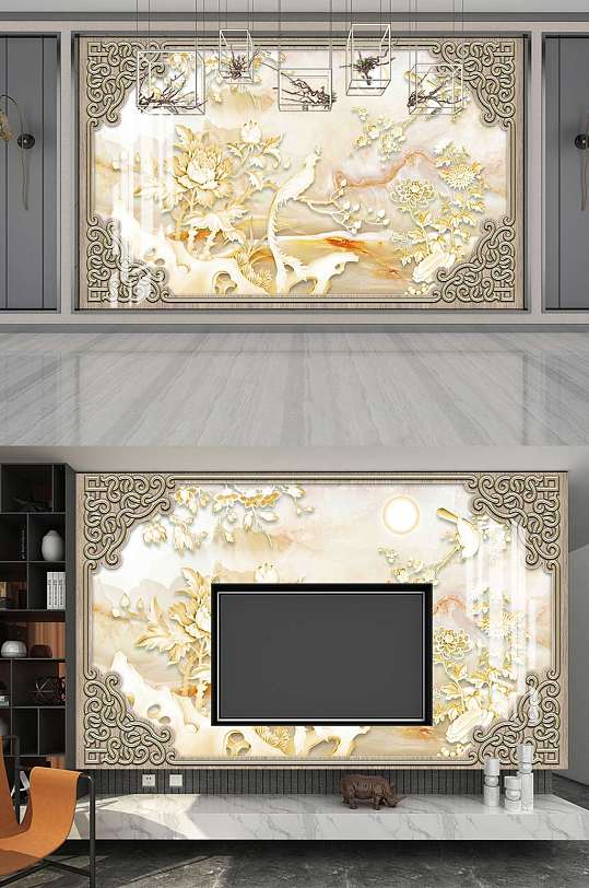 新中式轻奢大理石电视背景墙-众图网