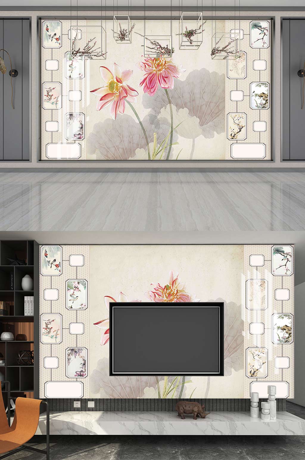 新中式荷花电视背景墙素材