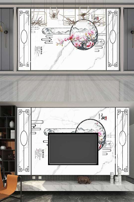 新中式轻奢电视背景墙-众图网