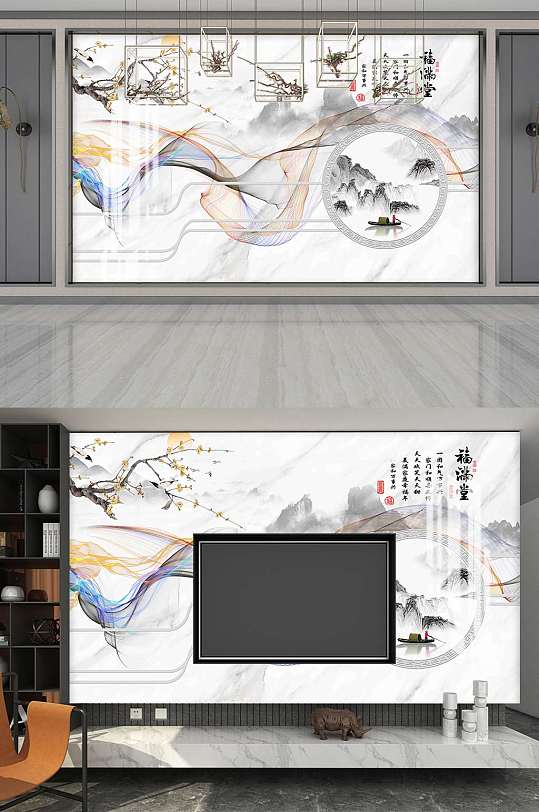 新中式轻奢电视背景墙-众图网