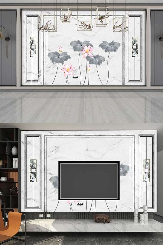 新中式荷花电视背景墙-众图网
