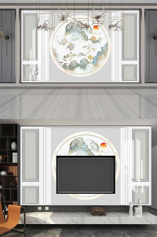 新中式轻奢电视背景墙-众图网