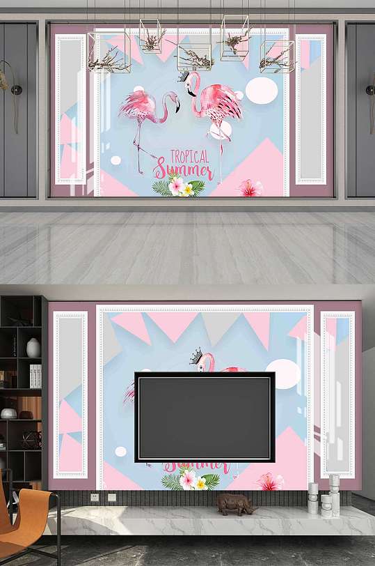 北欧火烈鸟电视背景墙-众图网