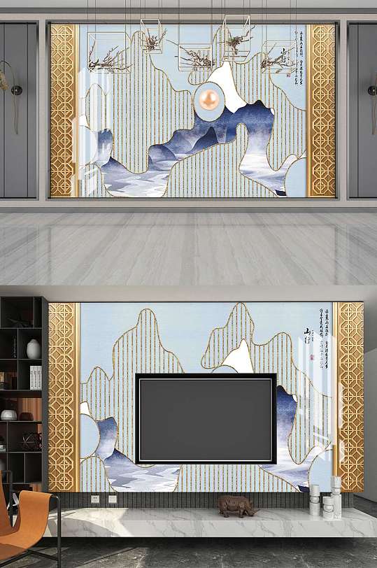 新中式电视背景墙设计-众图网