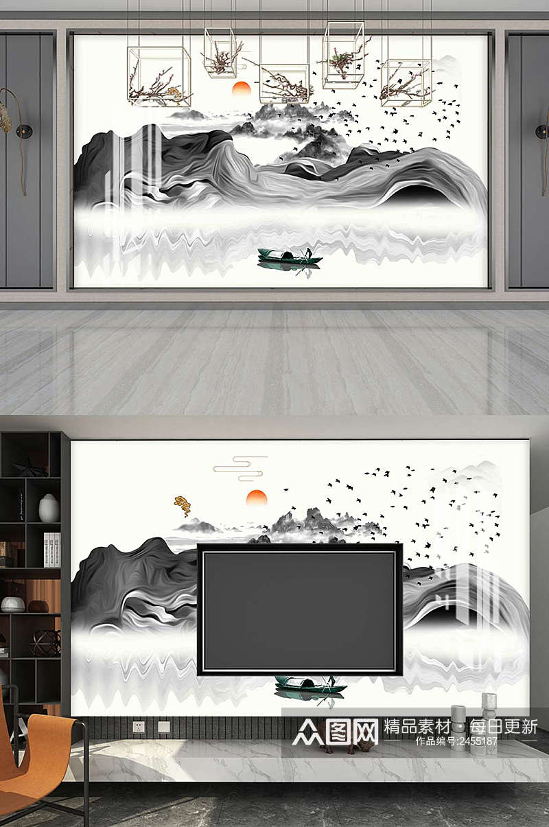 新中式水墨山水电视背景墙设计素材