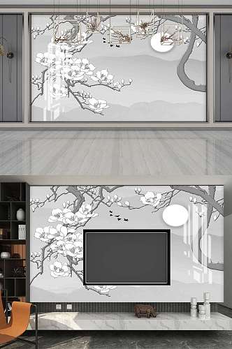 新中式玉兰花鸟电视背景墙设计