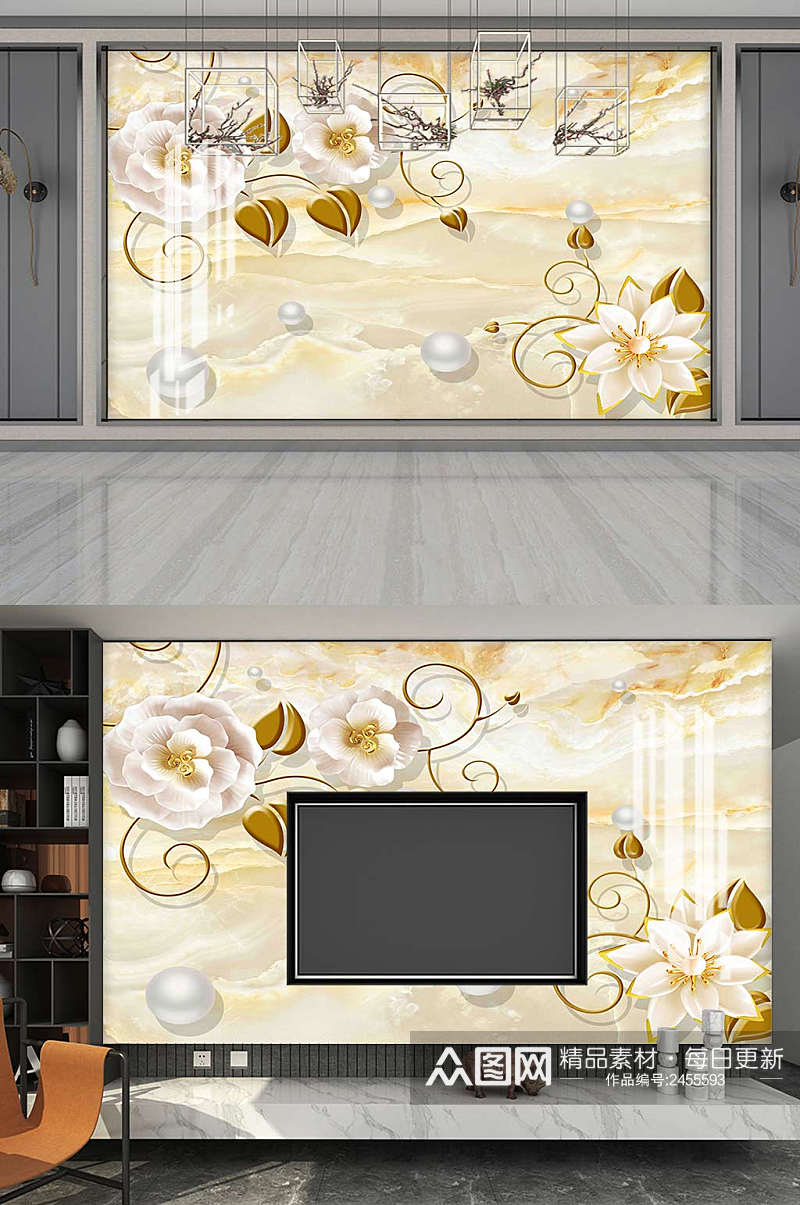 新中式浮雕花朵电视背景墙设计素材