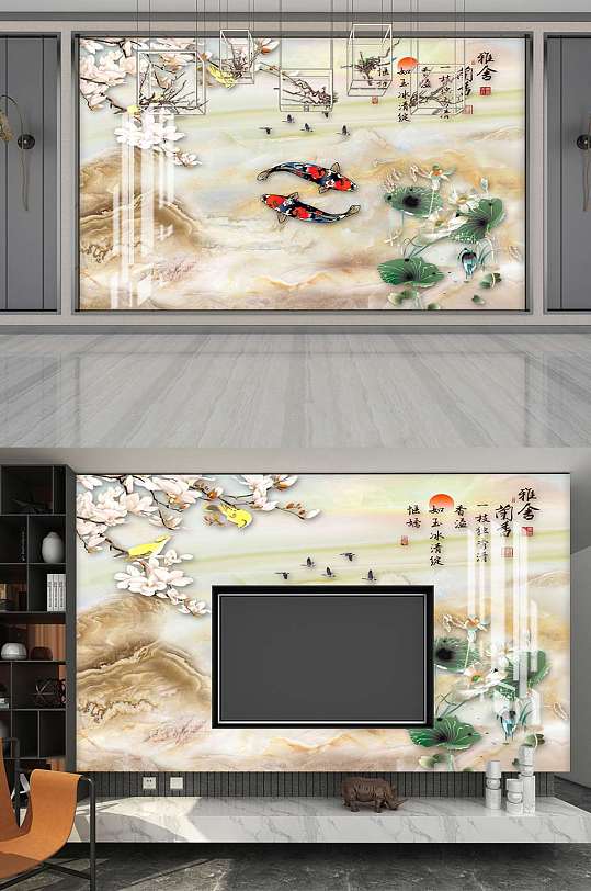 新中式大理石浮雕花朵电视背景墙设计-众图网