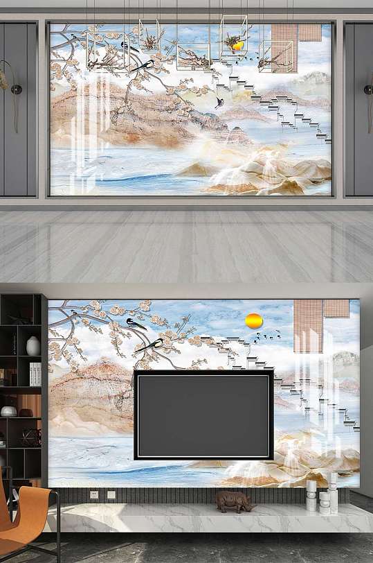 新中式大理石电视背景墙设计-众图网