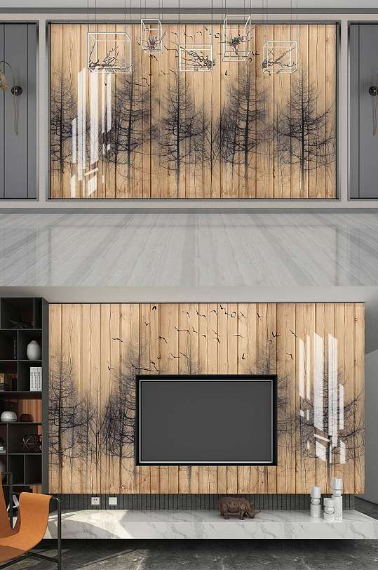 北欧抽象树林电视背景墙-众图网