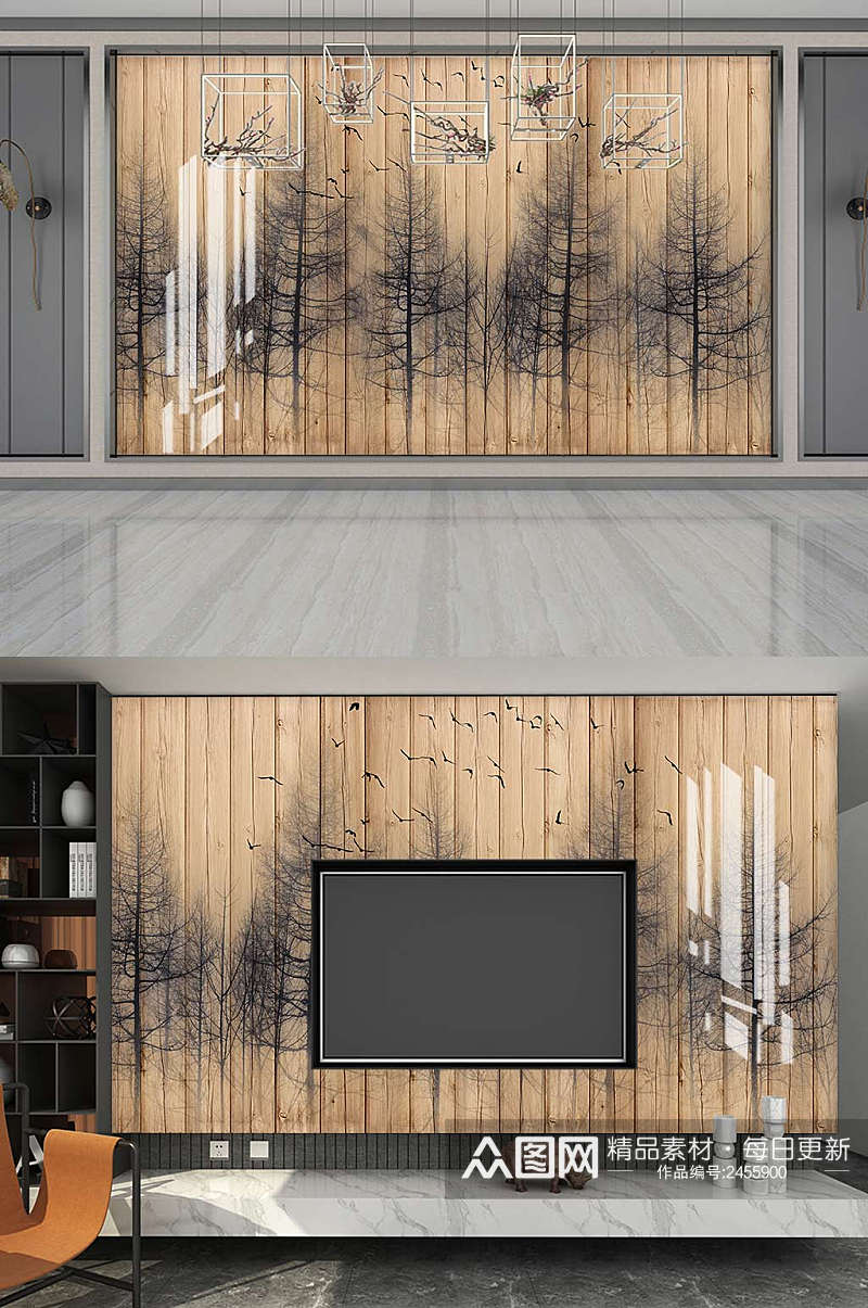 北欧抽象树林电视背景墙素材