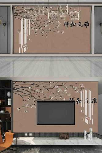 新中式手绘花鸟背景墙