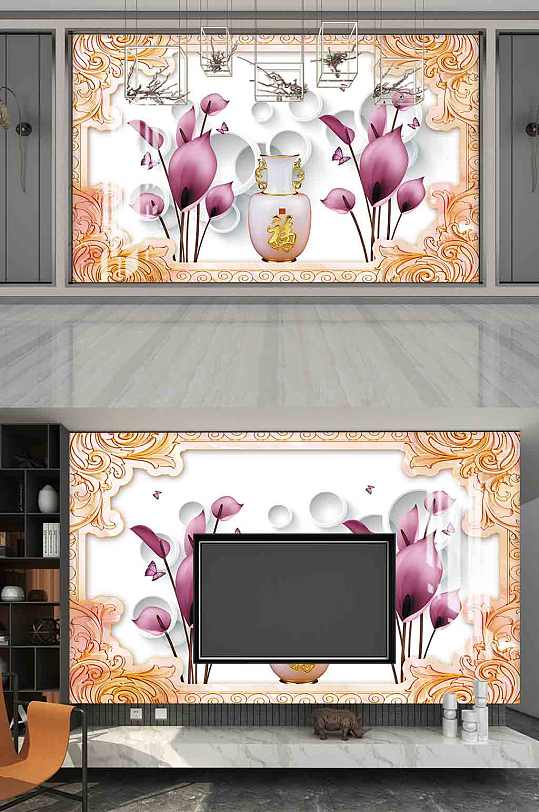 浮雕花瓶玉兰背景墙-众图网