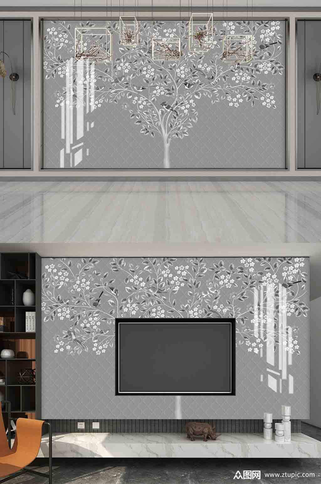 新中式花鸟电视背景墙素材