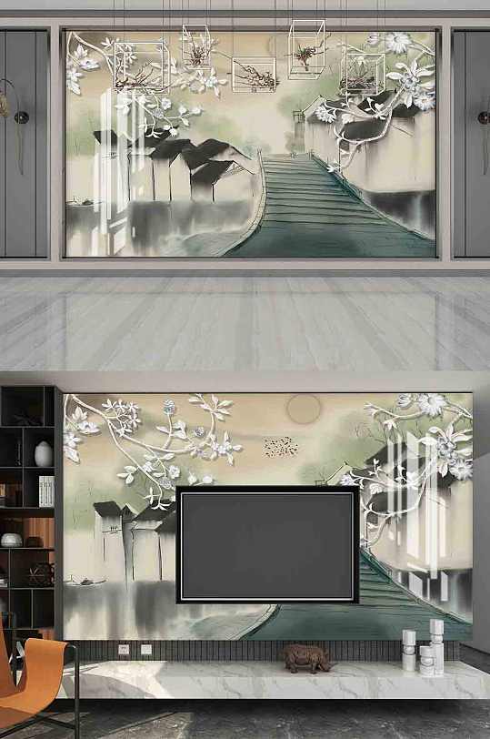 新中式水墨背景墙-众图网