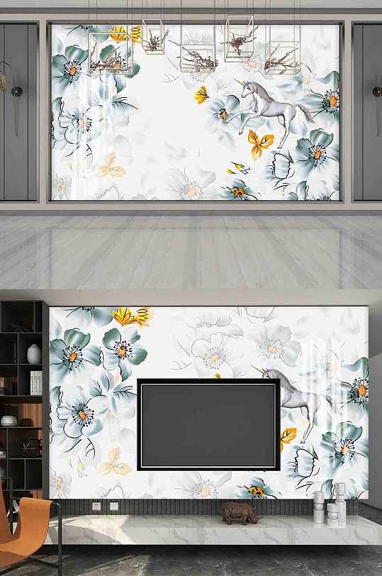 唯美花朵独角兽背景墙-众图网