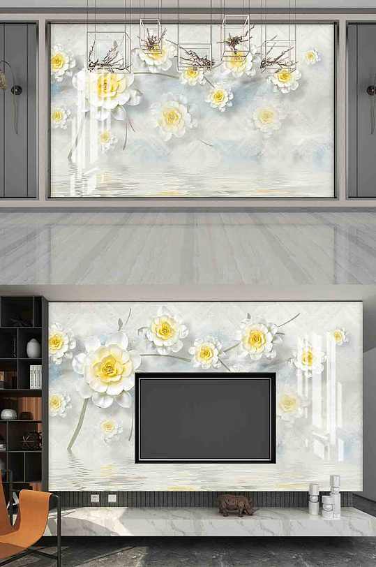 3D浮雕花朵电视背景墙