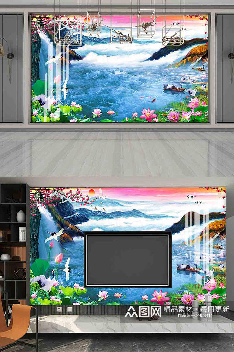 新中式海景电视背景墙素材