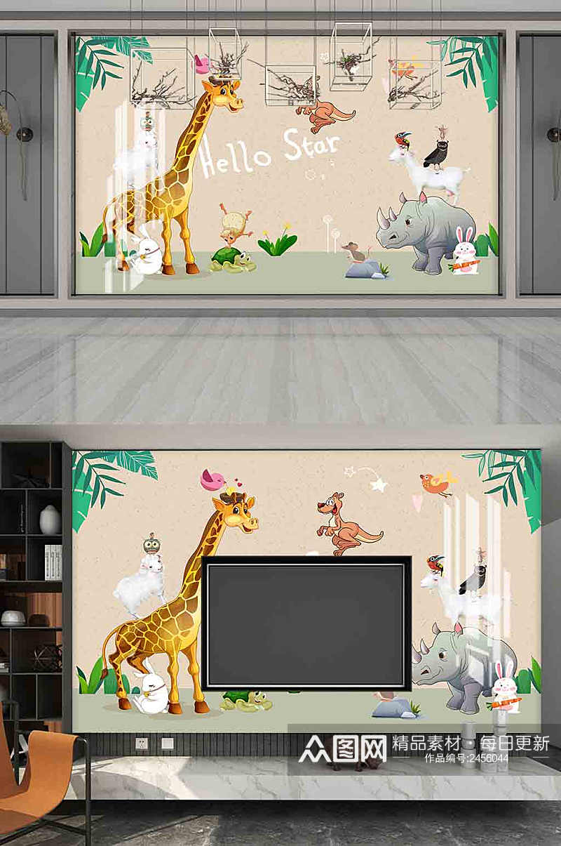 卡通动物儿童房背景墙素材