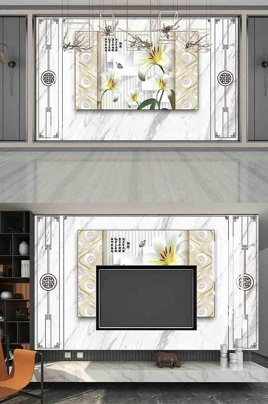 新中式大理石电视背景墙-众图网