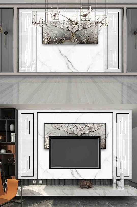 新中式大理石电视背景墙-众图网