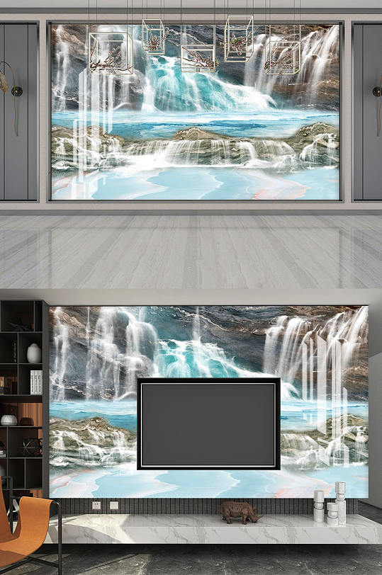 新中式大理石电视背景墙-众图网