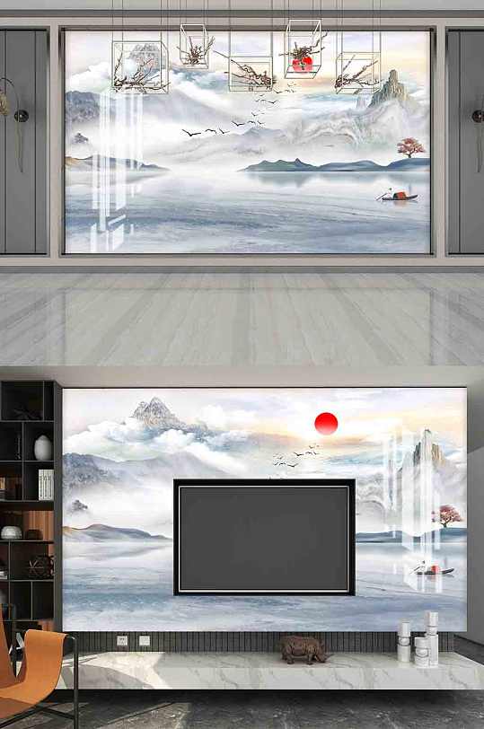 新中式大理石电视背景墙-众图网