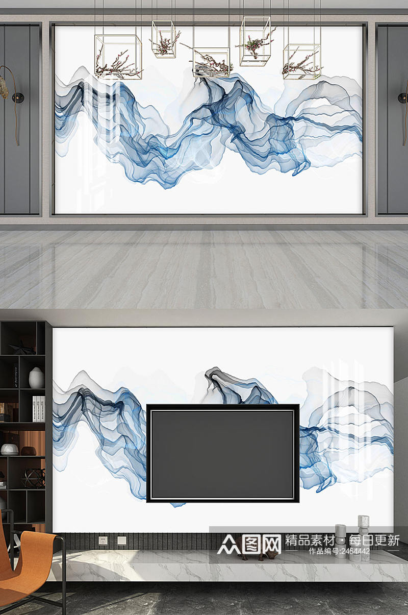 新中式飘带丝绸山水电视背景墙素材