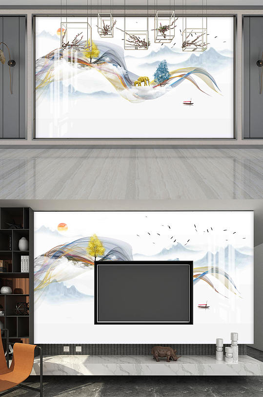 新中式大理石山水电视背景墙-众图网