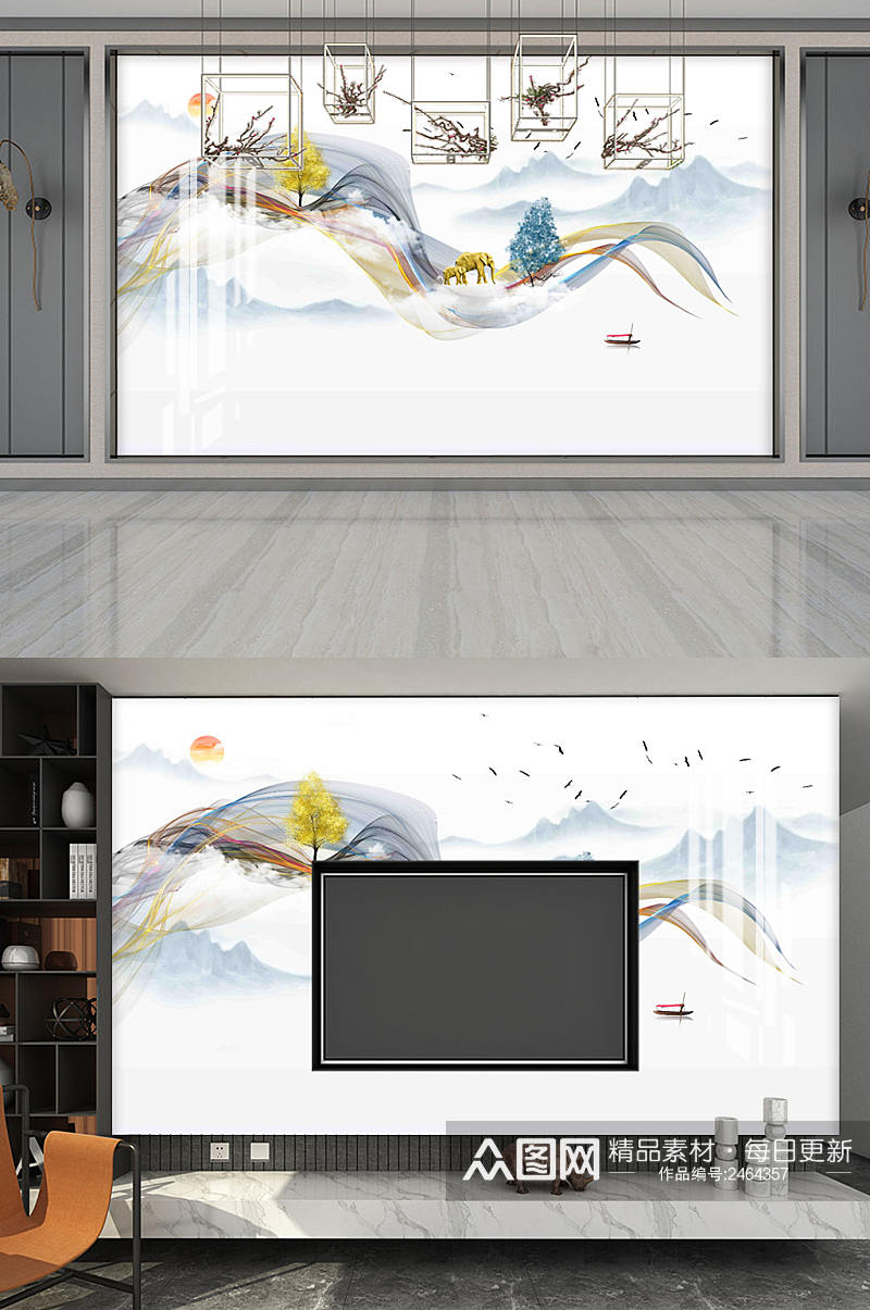 新中式大理石山水电视背景墙素材