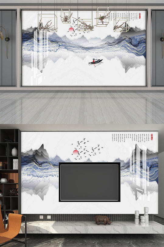 新中式大理石水墨山水电视背景墙-众图网
