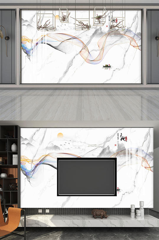 新中式大理石电视背景墙-众图网