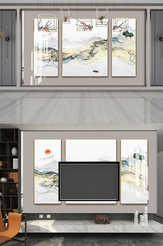 新中式山水电视背景墙-众图网