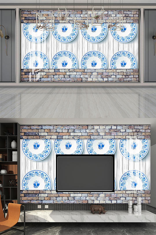 新中式青花瓷电视背景墙-众图网